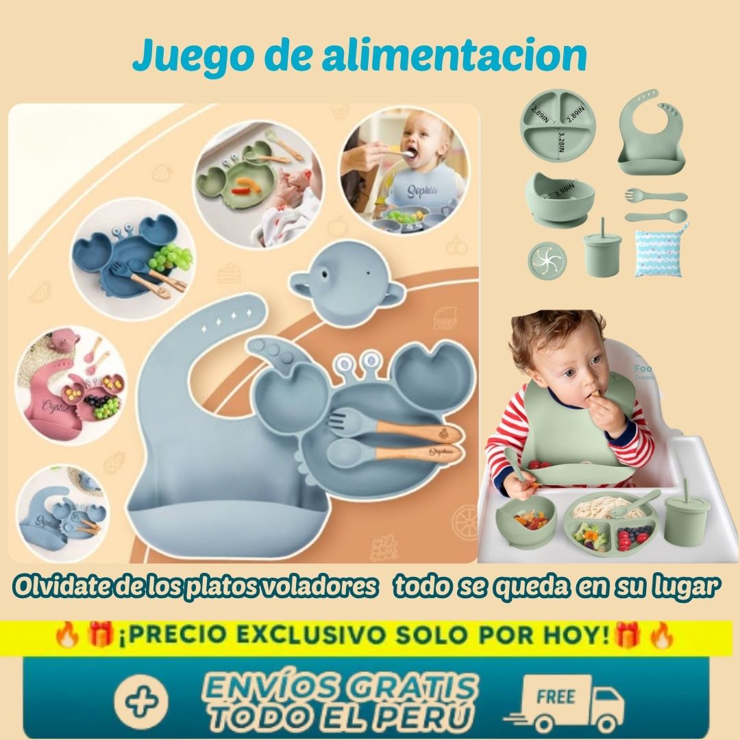 Juego de alimentación  de silicona con plato dividido en forma de cangrejo y utensilios para destete dirigido por el bebé ideal para niño
